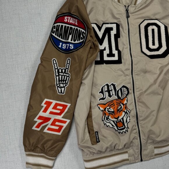 Members Only Varsity Bomber Jacket Beige Brown Patches Tiger Graphic Size L - Picture 6 of 16